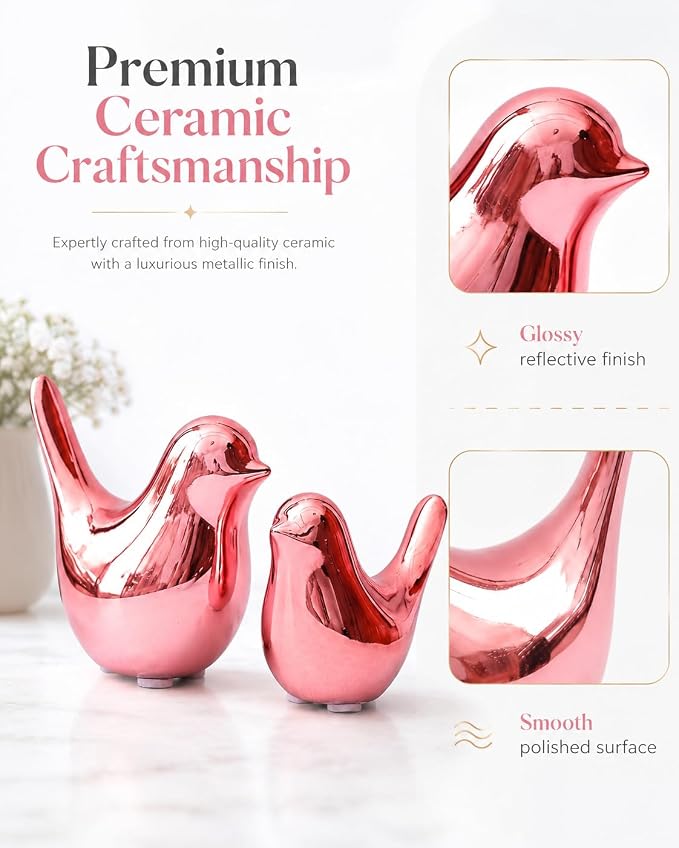 Small Pink Ceramic Birds,2 Pack Handcrafted Decorative Figurines for Home, Office, Desk, Shelf, Tabletop, Living Room, Bedroom, Coffee Table Décor, Gift for Housewarming and Holidays