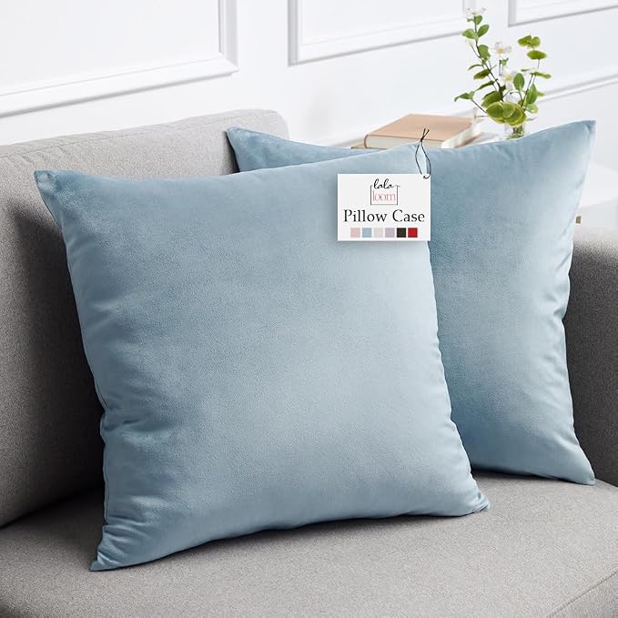 lalaLOOM Velvet Throw Pillow Covers, Set of 2, 24x24 Light Blue