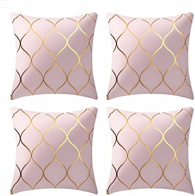 Gyulin Pack of 4 Gold Velvet Throw Pillow Covers 18x18 Inches Solid Square Pillow Covers Geometric Cushion Covers for Couch Sofa Home Bedroom Decor, Pink