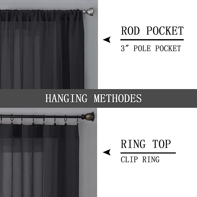 Tollpiz Short Sheer Curtains Living Room Linen Textured Curtain Sheers Light Filtering Voile Rod Pocket Curtains for Bedroom, 38 x 45 inches Long, Black, Set of 2 Panels