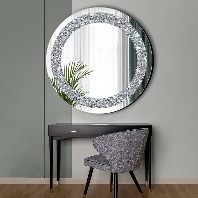 QMDECOR Round Wall Mirror 28x28 inch Crystal Crush Diamond Decor for Home Decoration Silver Mirror.