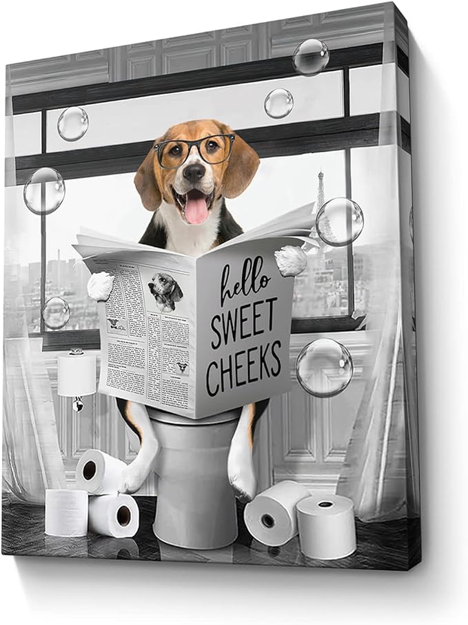 Funny Beagle Dog Wall Art Black and White Farmhouse Bathroom Print - Animal Decor Sitting in Toilet Reading Newspaper Painting - Framed Artwork 12x16 Inch