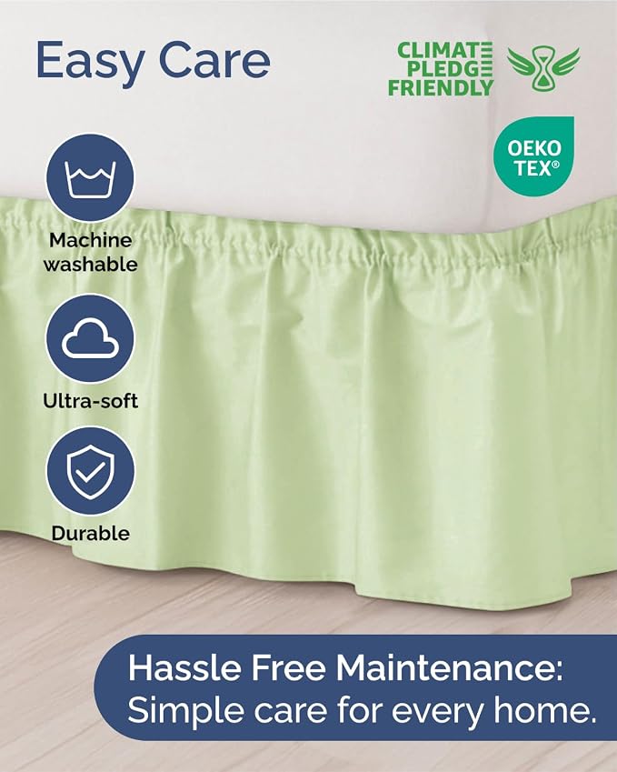 Wrap Around Dust Ruffle Bed Skirt - Light Sage Green - for Full Size Beds w/ 24" Drop - Easy Fit Elastic Strap - Adjustable Pleated Bedskirt w/Brushed Fabric - Wrinkle Free - Women, Men, Kids & Teens
