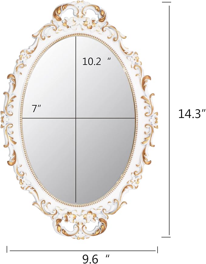Tstarer 2 Pack - Vintage Decorative White Framed Mirror, Wall Hanging Mirrors & Tabletop Tray for Bedroom Living Room Dresser Decor, Oval- 9.6" W x 14.3" L (WHITE-2PACK)