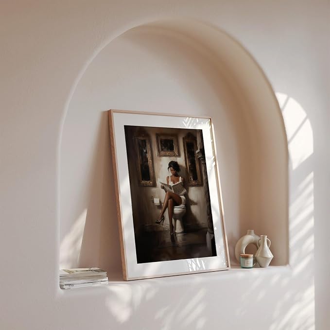 Black Women Bathroom Canvas Wall Art African American Bathroom Decor Poster Reading Woman Poster Black Girl Pictures Print Modern Minimalist Painting Artwork 16x24 Inch UnFramed Toilet Picture