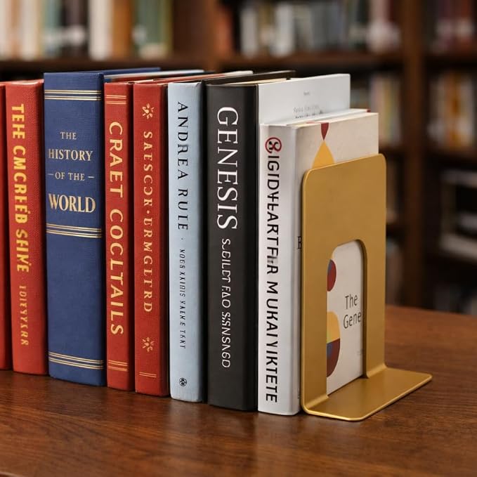 Alessk Dark Matte Gold Metal Bookends for Shelves – Heavy Duty Decorative Bookends for Heavy Books – Modern Book Ends for Office Bookshelf- has 3 Non-Slip Pads at the Bottom – 4 Pairs (8 Pieces)