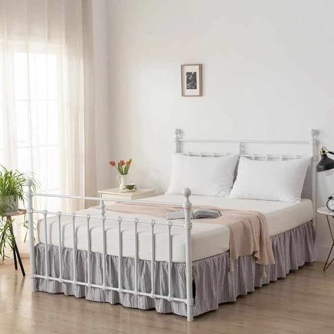 Bed Skirt Full Size - Ruffled Bed Skirt - with Split Corners - Light Grey | Striped Boho Tufted -18 Inch Drop Bedskirt with Platform-Soft Premium Hotel Quality - Easy Fit