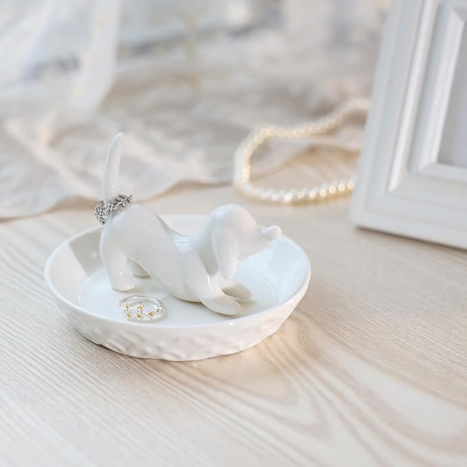 HOME SMILE Dog Ring Holder,Ceramic White Jewelry Tray Holder,Dog Mom Gifts for Women Christmas Valentines Mothers Day