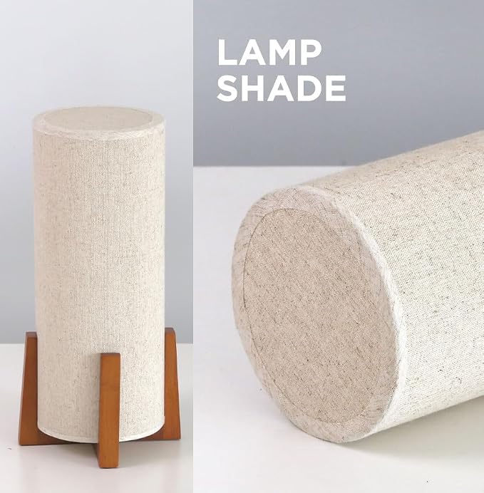 KUNJOULAM Modern Table Lamps, Nightstand Lamp with Linen Fabric Shade Brown Wooden Base, 13.9" Cylinder Bedside Table Lamp for Bedroom, Cafe, Living Room Home Decor