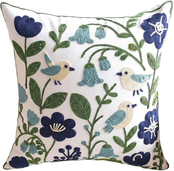 YIcabinet Pack of 2 Throw Pillow Covers, Embroidered Bird Flowers Pattern Throw Pillow Cover,Square Cotton Cushion,Pillow Case for Sofa Bedroom Couch,18"x18"