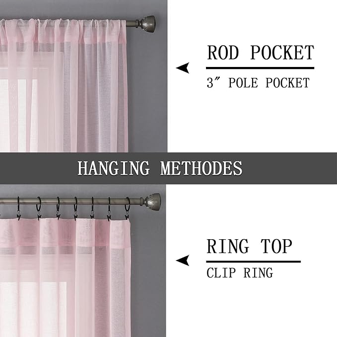 Tollpiz Short Sheer Tier Curtains Linen Textured Half Kitchen Curtain Sheers Light Filtering Rod Pocket Voile Small Curtain for Bathroom, 25 x 24 inches Long, Pink, Set of 2 Panels