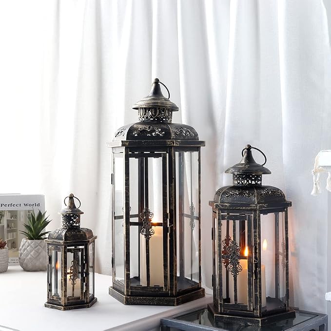 JHY DESIGN Set of 3 Decorative Candle Lanterns 20''&14"&10" H Outdoor Candle Lanterns Vintage Metal Cand leholder for Indoor Outdoor, Events, Parities and Weddings(Black with Gold Brush)