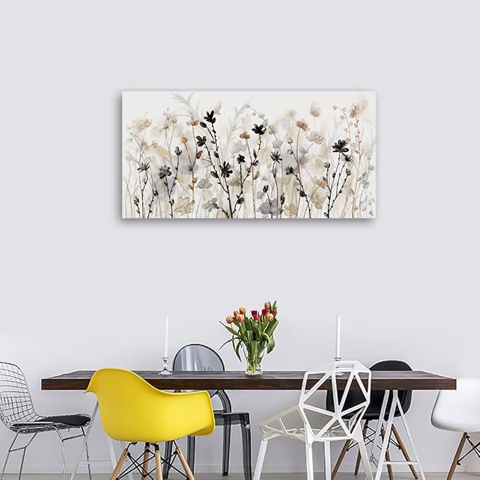 Large Framed Floral Wall Art Flowers Canvas Pictures Grey Cream Brown Abstract Botanical Canvas Painting Artwork Simple Life Wall Decor for Living Room Bedroom Kitchen Home Office Decoration 29"x 58"