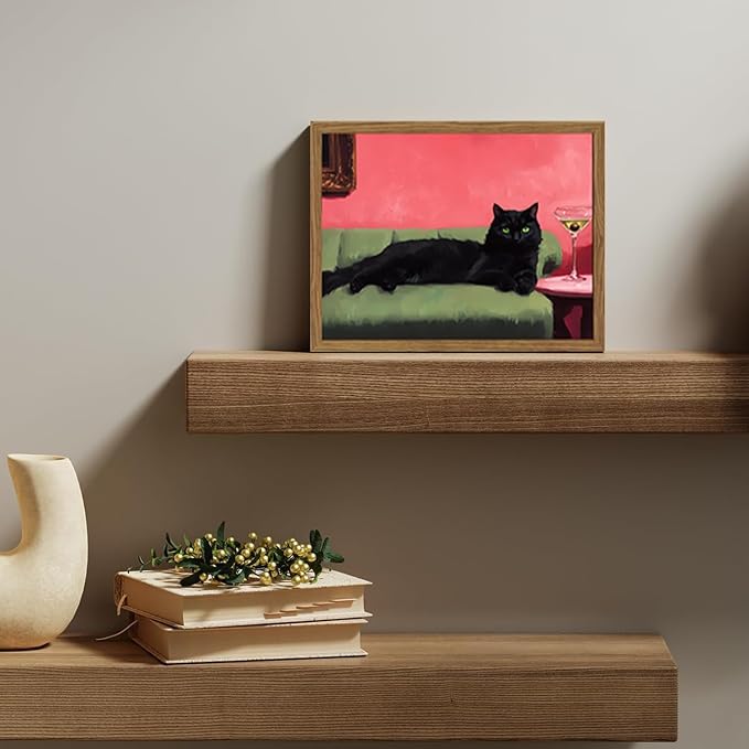 Cute Black Cat With Martini Wall Art Funny Animal Wall Decor Quirky Whimsical Cocktail Bar Cart Canvas Painting Poster Prints Pet Lover Picture Aesthetics for Bedroom Living Room Framed 16x24 inch