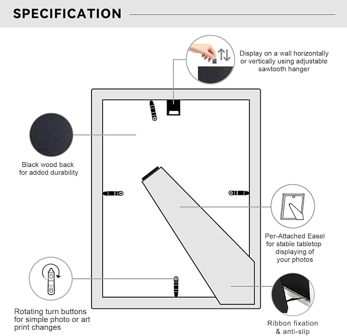 Boarding 8x10 Picture Frame-White,5x7 Mat,Tempered Glass,Engineered Wood