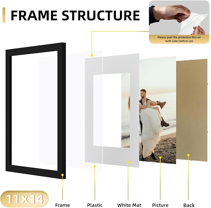 YESKAY 11x14 Picture Frame Set of 9, Photo Gallery Wall Frame Set, Display Pictures 8x10 with Mat or 11 x 14 Without Mat, Multi Photo Frames for Wall Mounting or Table Top Display, Black