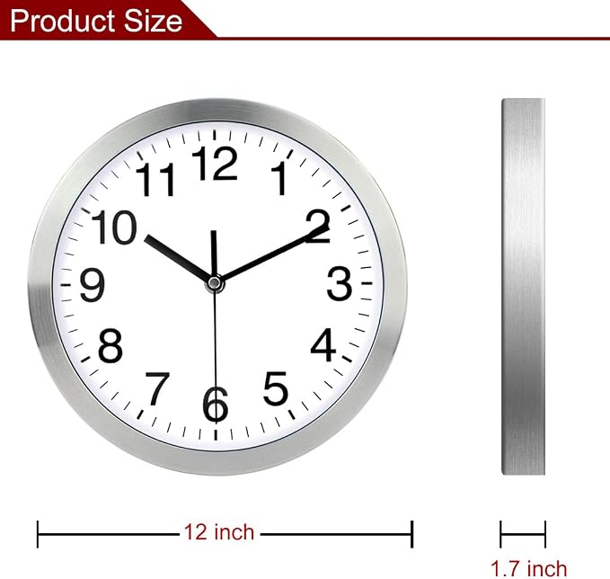 SIN&MI Wall Clock Metal Frame Glass Cover Non-Ticking Number Quartz Wall Clock 12inch Modern Quartz Design Decorative Indoor/Kitchen Silver