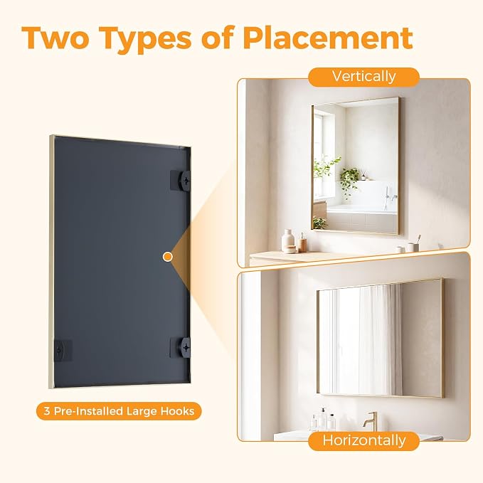 Bathroom Mirrors for Over Sink, 22" x 30" Rectangle Wall Mount Mirror with Metal Frame, Modern Vanity Mirror with Tempered Glass, for Home Decor, Anti-Rust, Gold