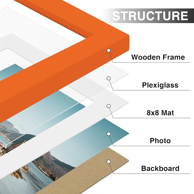 Vittanly 12x12 Picture Frames Set of 9 for Wall Mounting, Orange | Display Pictures 8x8 with Mat or 12x12 without Mat for Wall Mounting, Square Photo Frames for Home Decor, Engineered Wood