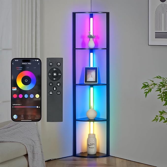FENLO 64" RGB Corner Floor Lamp with Shelves