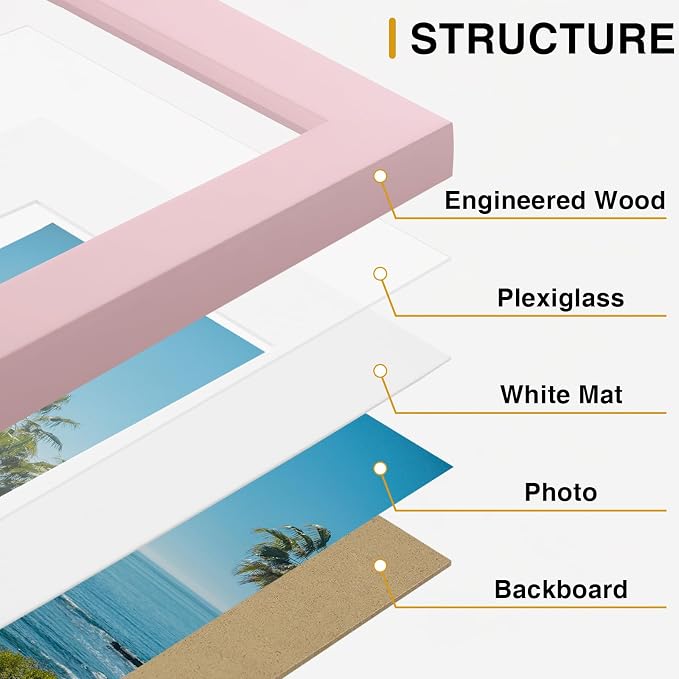 Vittanly 5x7 Picture Frames Set of 9 for Wall or Tabletop Display, Pink | Display Pictures 4x6 with Mat or 5x7 without Mat, Small Photo Frames, Engineered Wood with Shatter Resistant Plexiglass