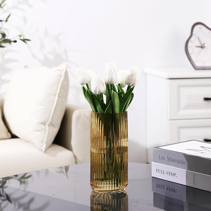 Ribbed Glass Vase, Flower Vases for Bouquet, Amber Glass Vases for Flowers, Modern Ribbed Vase for Living Room, Bathroom, Dining Table, Office, Wedding, Centerpieces, 8 Inches