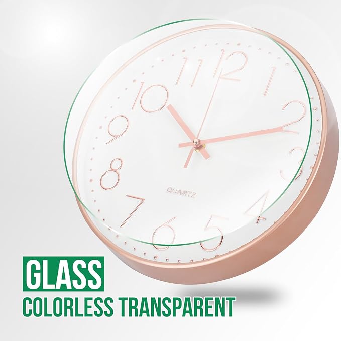 Wall Clock 12 Inch Non-Ticking Silent Modern Simple Style Round Decor Clock Rose Gold Stereoscopic Dial Quartz Wall Clocks for Home/Office/School/Living Room/Bedroom/Kitchen
