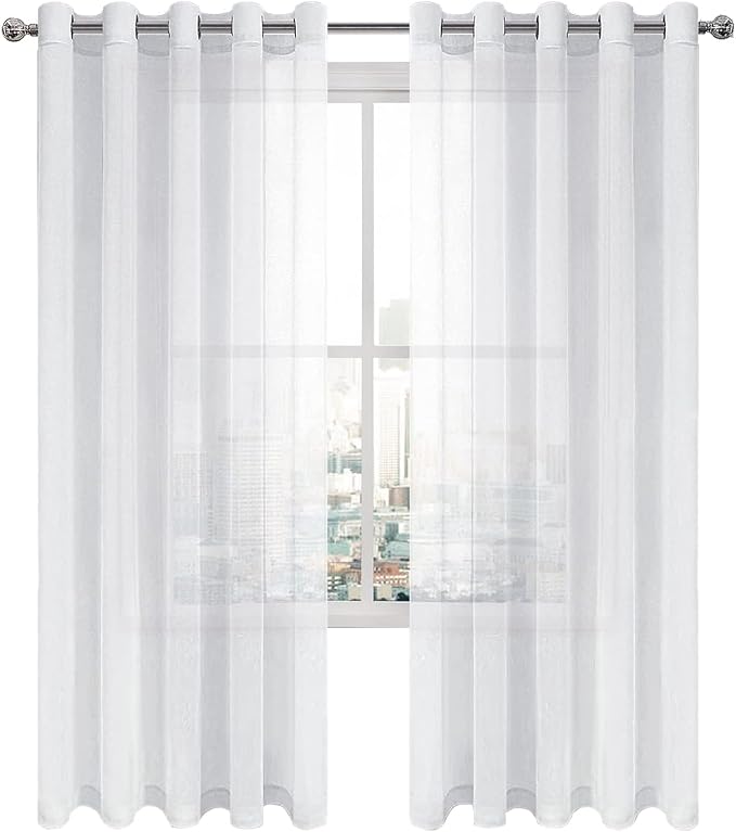 DWCN White Sheer Curtains Linen Look Semi Transparent Voile Grommet Curtains for Living Dining Room Drapes 60 x 84 Inch Long, Set of 2 Panels