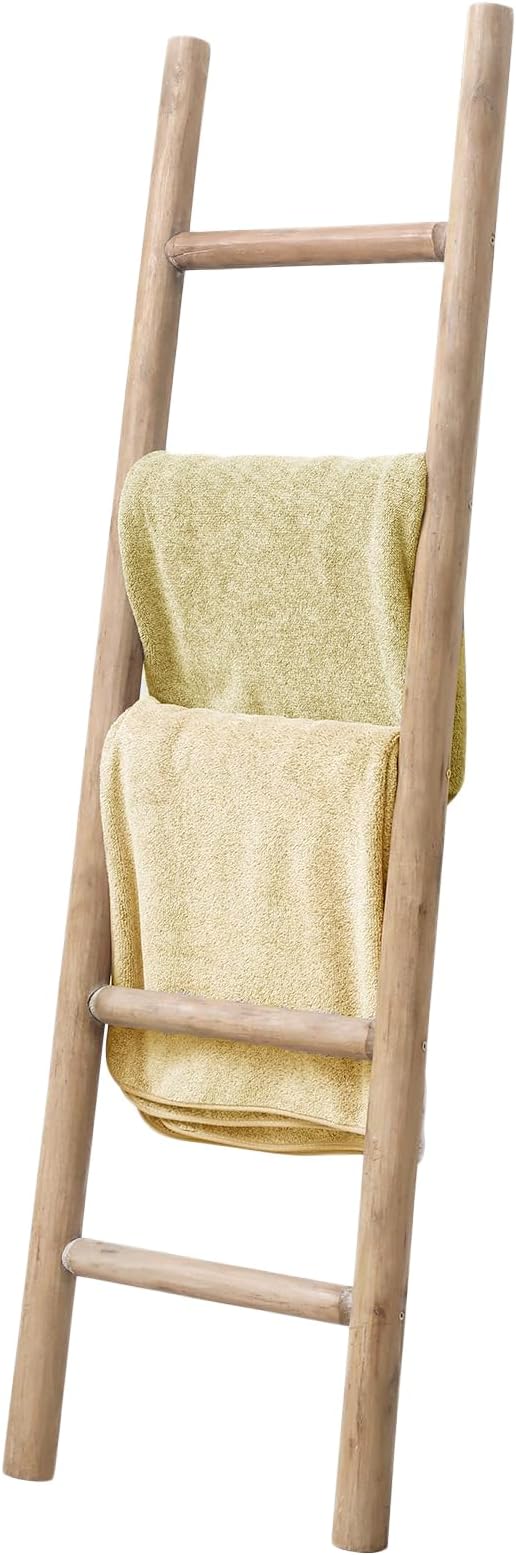 Wooden Blanket Ladder, Fully Assembled, Natural & Motley Wood - Leaning Wall Decor for Bedroom, Bathroom, Living Room - Rustic Quilt Holder & Towel Rack (Natural Wood Color 57in)