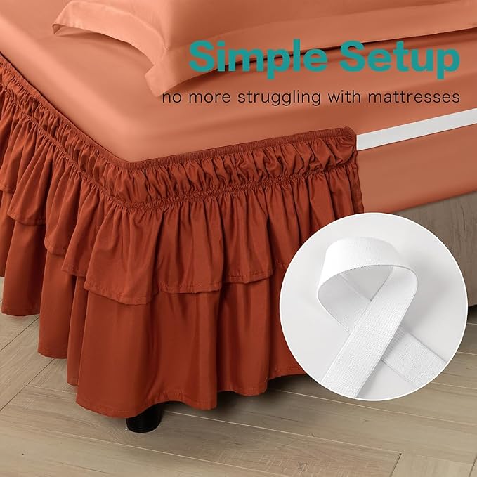 Double-Layered Ruffled Bed Skirt,Orange Red,King/Cal King, 14" Drop | Wrap Around, Adjustable Elastic, 2 Layer, Machine Washable Soft Fabric, Multi Ruffle Bedskirt