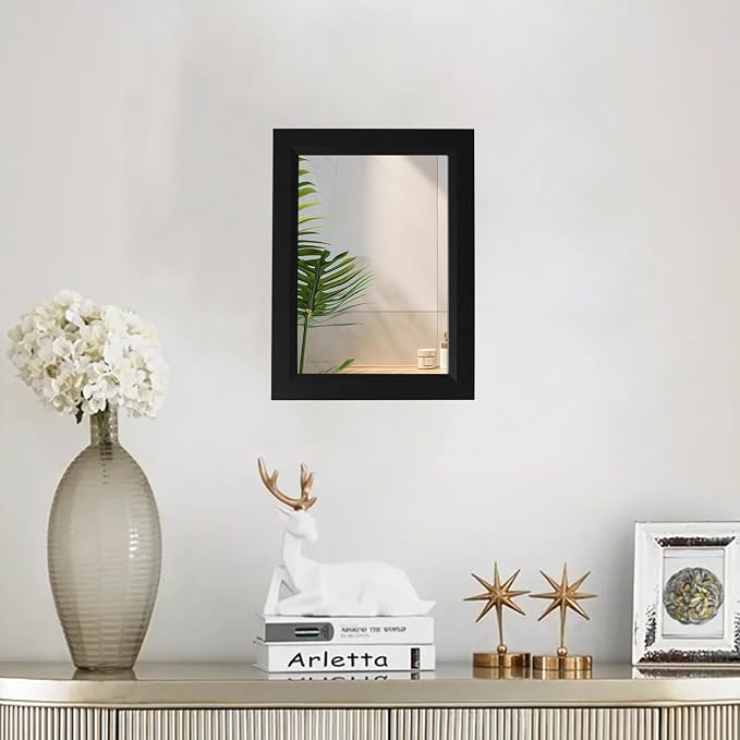 Small Rustic Black Bathroom Mirror, 11.8x15.8 Inch Wooden Frame | Rectangle Wall Mirror, Hanging Horizontally or Vertically, Suitable for Living Room Bathroom Bedroom Entryway
