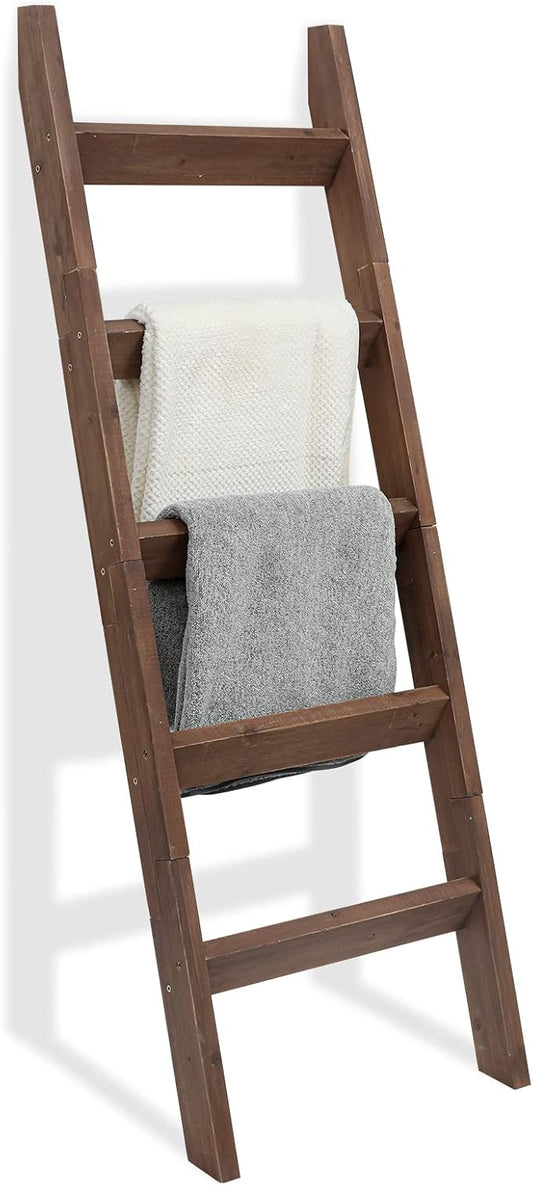 FUIN Blanket Ladder, 5ft Angled rungs Rustic Solid Wood Decor Rack, Brown | 5 rungs, farmhouse quilt display holder, organize towel, leaning wall, bathroom and living room use, knocked down side rail
