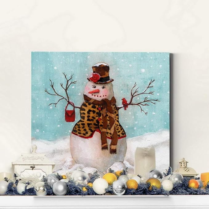 Renditions Gallery Canvas Wall Art Paintings & Prints Snowwoman with Hat & Cardinal in Winter Snow Abstract Hanging Artwork for Bedroom Home Kitchen Wall Decorations - 10"X10" LT05