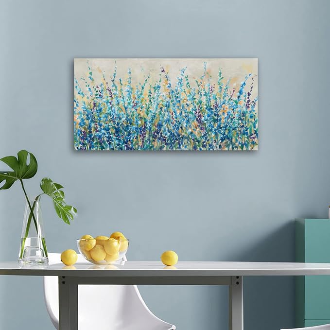 Abstract Floral Canvas Wall Art,Teal Botanical Canvas Pictures Blue Leaf Blossom Spring Painting Wall Decor for Living Room Bedroom Kitchen Home Office Decoration Framed 24"X48"