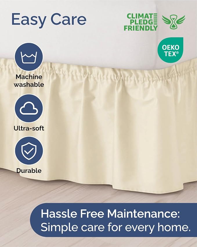 Wrap Around Dust Ruffle Bed Skirt, King Size Beds - 15 Inch Drop, Off White | Easy Fit Elastic Strap, Adjustable Pleated Bedskirt w/Brushed Fabric, Wrinkle & Fade Free, for Women, Men, Kids & Teens
