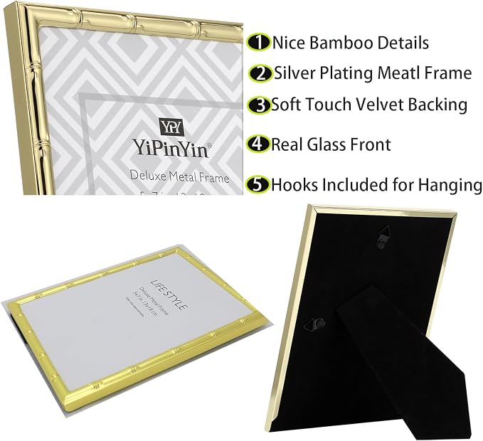YiPinYin 6x8‘’ Bamboo Detail Gold Metal Picture Frame 2pack,6x8'' Gold Plated Photo Frames Mat for 4x6‘',with Soft Velvet Backing for Desktop and Wall Décor