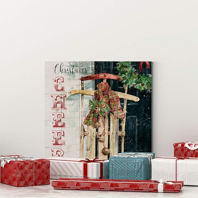 Renditions Gallery Xmas Wall Prints for Home Decor Christmas Cheer Sled Canvas Hanging Artwork for Bedroom Living Room & Kitchen Decorations - 16"X16" LT05