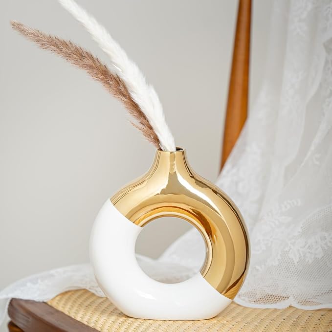 White and Gold Donut Vase, Modern Ceramic Vase for Pampas Grass, Perfect Centerpiece for Weddings, Living Room, and Office Decor (White Gold, L)