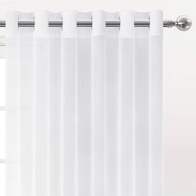 DWCN White Faux Linen Sheer Curtains - Grommet Top Voile Look Solid Semi Window Sheer Curtains Drapes for Bedroom Living Room 72 Inches Long, 70 x 72 inch Length, Set of 2 Panels