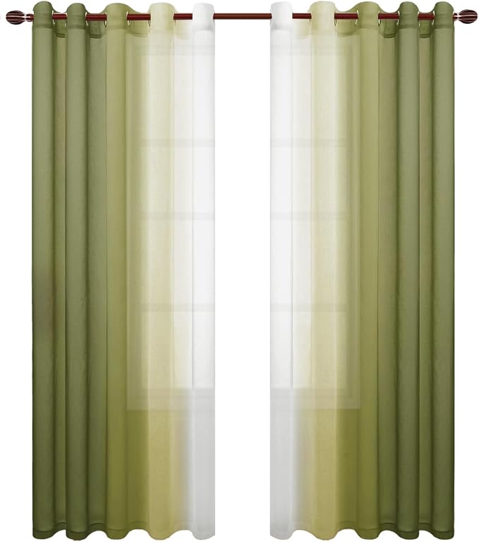DWCN Ombre Faux Linen Sheer Curtains - Extra Wide Gradient Semi Voile Light Filtering Grommet Top Bedroom and Living Room Curtains, 60 x 84 Inches Long, Set of 2 Window Curtain Panels, Olive Green