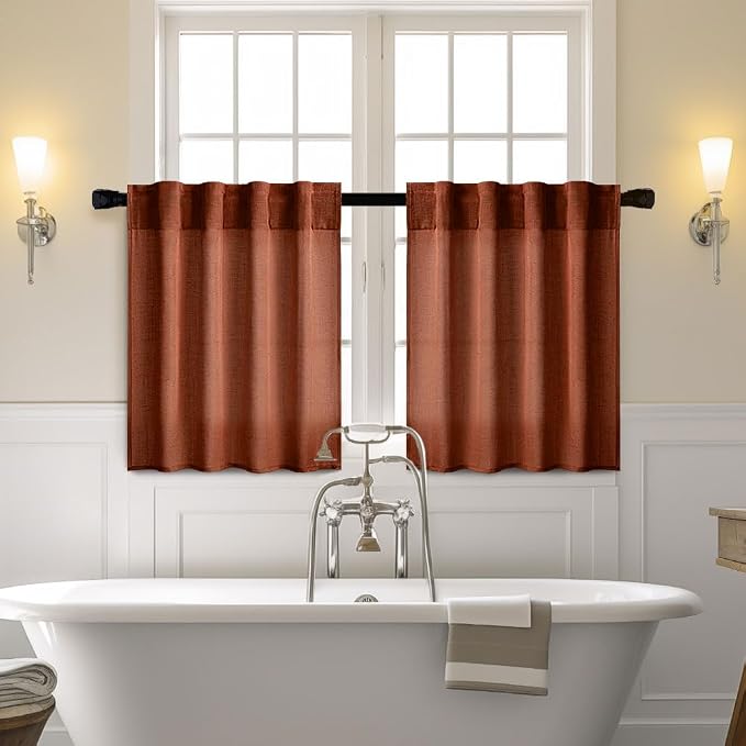 MIULEE Burnt Orange Fall Kitchen Curtain 36 Inch Length 2 Panels Farmhouse | Textured Semi Sheer Light Filtering Short Cafe Tier Curtain for Small Half Window Bathroom Laundry Back Tab Rod Pocket