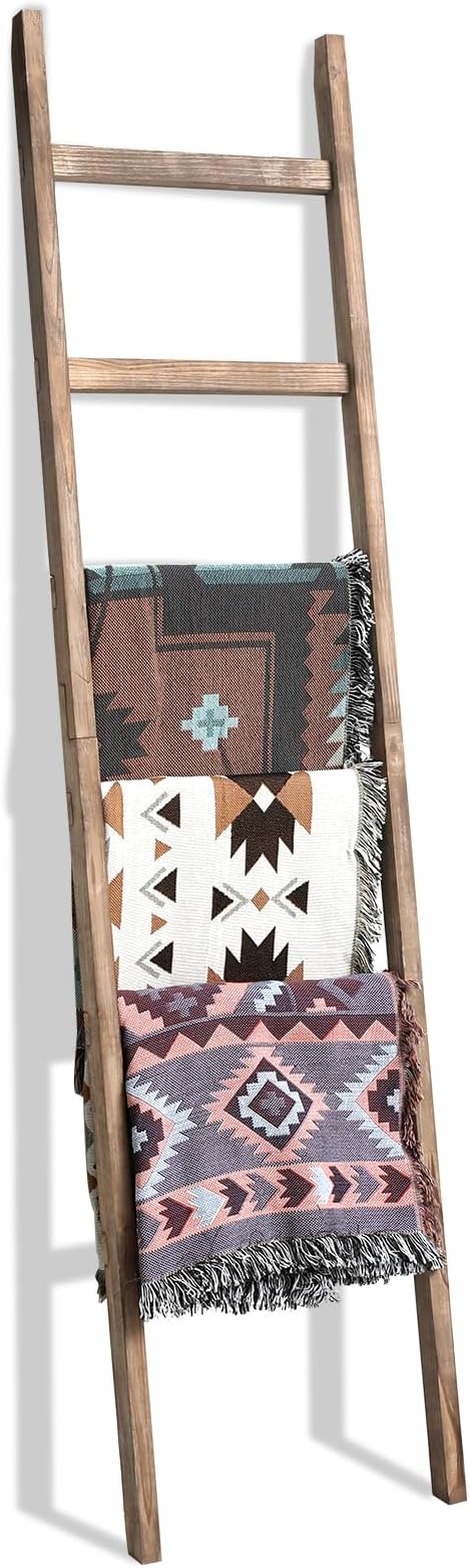 FUIN Blanket Ladder, 18.5in Wide Solid Wood Rustic Decor Rack, Burnt Brown | 6.4 ft high and 6 rungs, farmhouse towel quilt display holders, organize blankets, leaning wall, bathroom and living room use