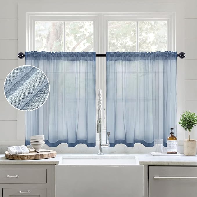 MIULEE Semi Sheer Kitchen Curtains 36 inch Length Half Window Curtains for Bathroom Cafe, Rod Pocket Short Curtain Tiers Linen Textured Light Filtering Drapes 2 Panels W29 x L36 Inches, Dusty Blue