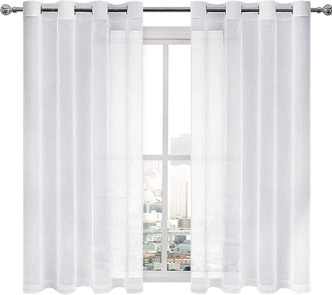 DWCN White Sheer Curtains, Linen Look Semi Transparent Voile Grommet Top Solid Lightweight & Airy Gauzy Short Curtains & Drapes for Living Dining Room Drapes W52 x L45 Inch Long, Set of 2 Panels