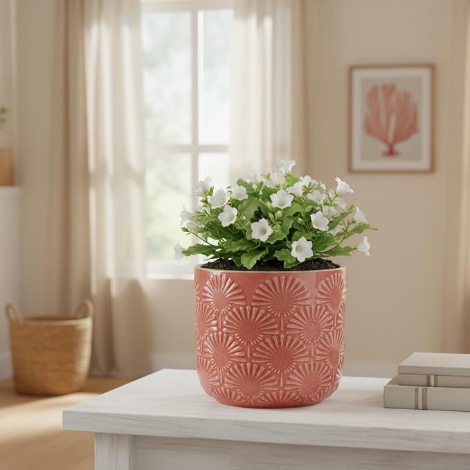 Boho Ceramic Flower Pot, 6.7" Modern Planter for Indoor Outdoor Plants | Decorative Glazed Embossed Fanburst Texture Plant Pot with Drainage Hole & Plug, Bohemian Chic Home Garden Decor, Coral Blush