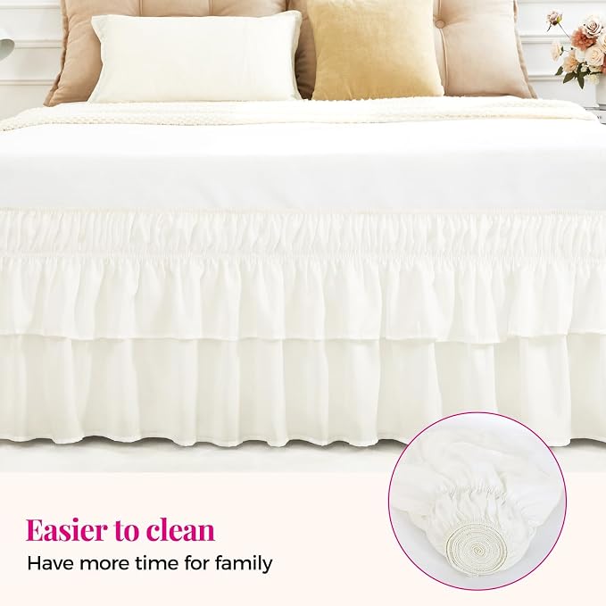 RIMELA Queen Size Ruffle Bed Skirt 18 Inch Drop - Cream White Double Layered Wrap Around Dust Ruffle, Romantic Cute Design Bedskirt with High-Density Fabric, Soft Stretchy, Easy Install for Queen Bed