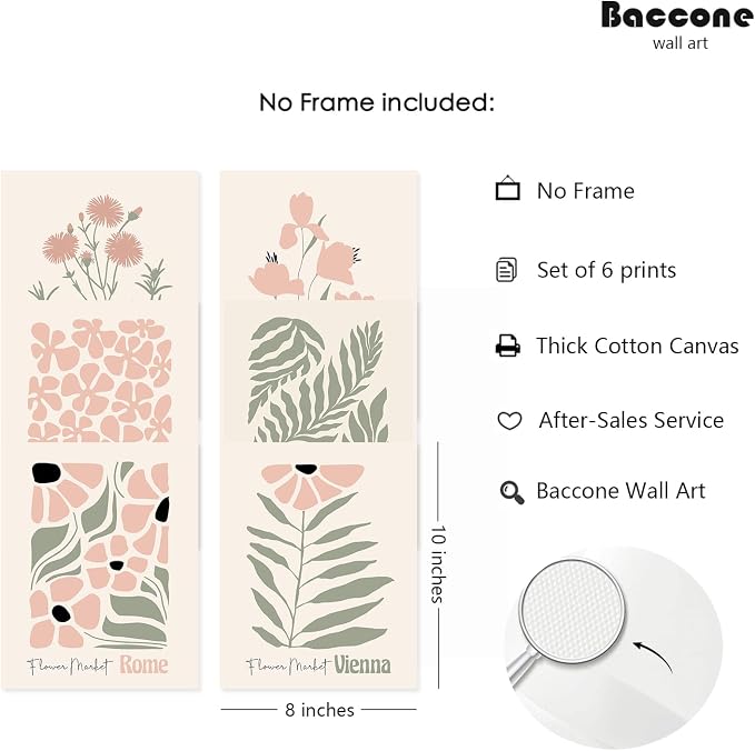 Baccone Boho Botanical Wall Art Prints Blush Pink Canvas Wall Decor Flower Market Wall Art Poster Abstract Aesthetic Pictures Pink Floral Artwork for Room Bedroom Set of 6 8x10 Inch Unframed