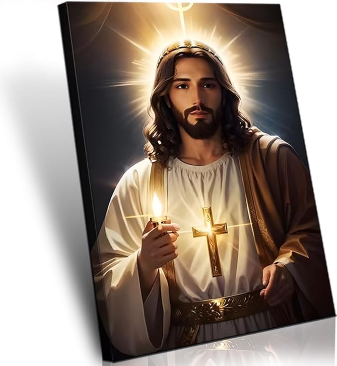 Jesus Canvas Wall Art Sacred Light God Poster Catholic Faith Decor Print | Framed Sacred Cross God Poster Christian Jesus Lights Candles Painting Wall Decor for Prayer Room Bedroom Church 24x36In