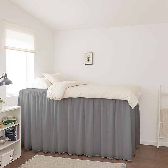 Krishna College Dorm Room Ruffle Bed Skirt with Split Corners, 100% Brushed Microfiber Ultrasoft, Breathable, Twin XL Bedding Extended 42 Inch Drop, Light Grey