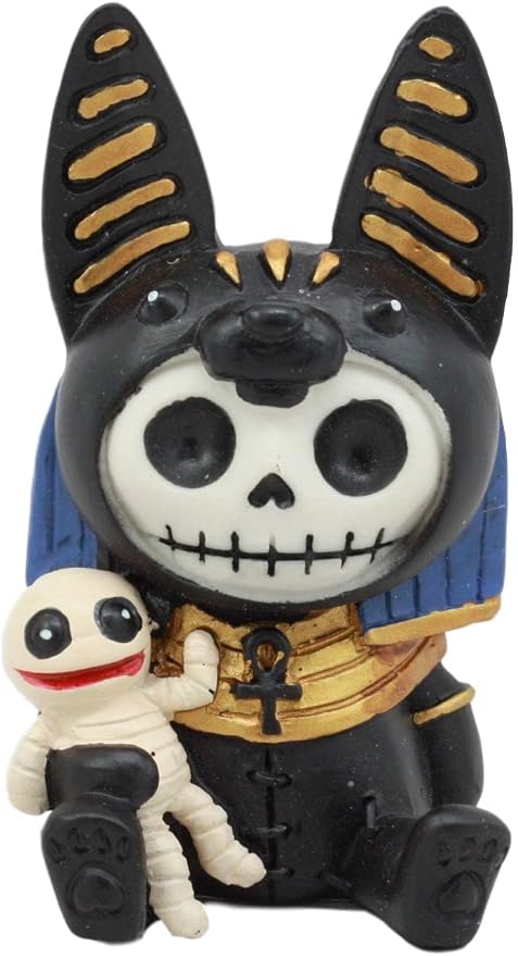 Ebros Furrybones Egyptian God of Afterlife Anubis Figurine Small 3.25" Furry Bones Skeleton Monster Collectible Decor Statue Gothic DOD Anpu Jackal with Mummy Friend Themed Decorative Sculpture